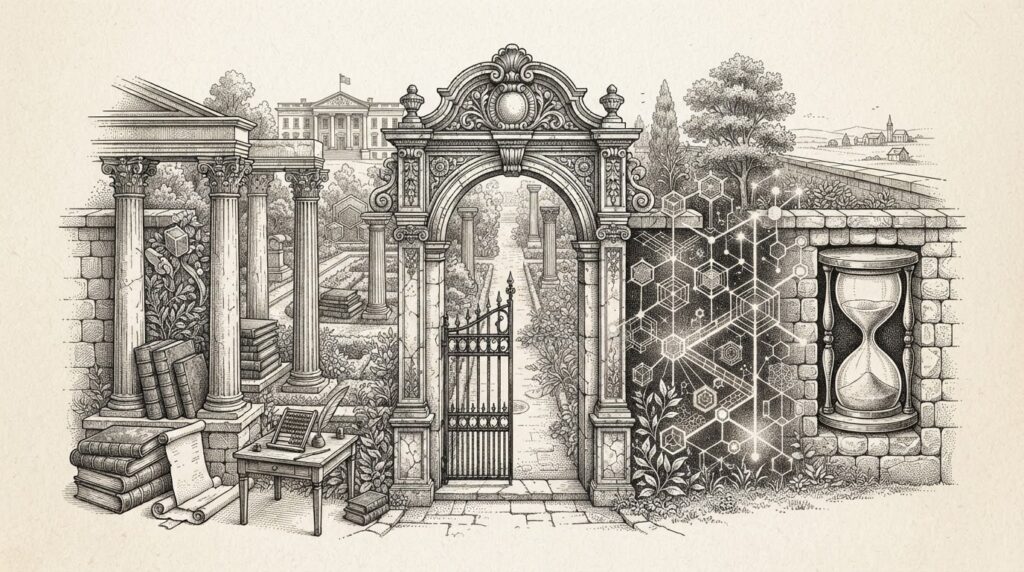 A monochrome pen-and-ink engraving depicting a walled garden gateway where traditional financial columns meet blockchain geometric patterns, with an hourglass marking a five-year regulatory time window.