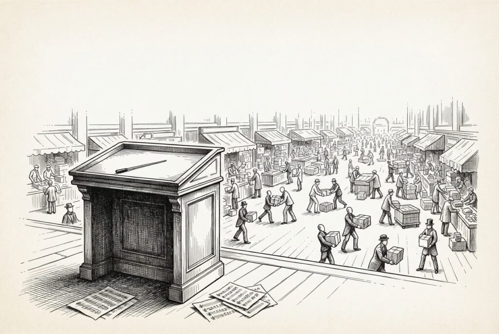 An empty conductor's podium with a baton and scattered sheet music stands in the foreground while faceless figures carry goods through a bustling marketplace behind it - banks as would-be conductors proposing rules while agentic commerce already operates under platform-set rules.