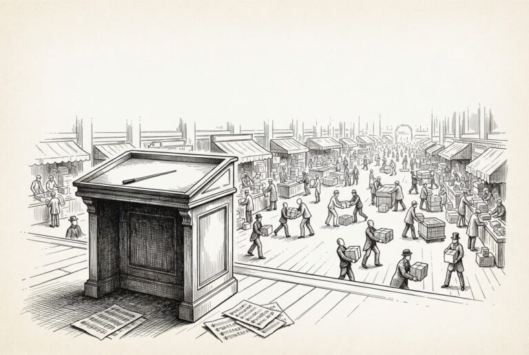 An empty conductor's podium with a baton and scattered sheet music stands in the foreground while faceless figures carry goods through a bustling marketplace behind it - banks as would-be conductors proposing rules while agentic commerce already operates under platform-set rules.