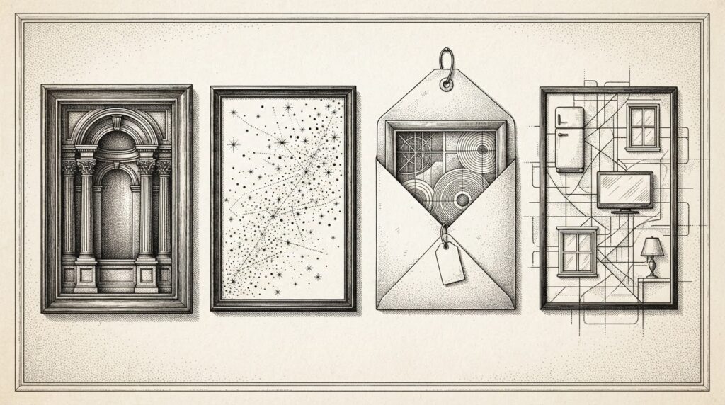 Four distinct wall-mounted rectangular frames arranged side by side on a domestic wall, each containing a different abstract architectural pattern representing competing smart home platform philosophies - monochrome pen-and-ink engraving.