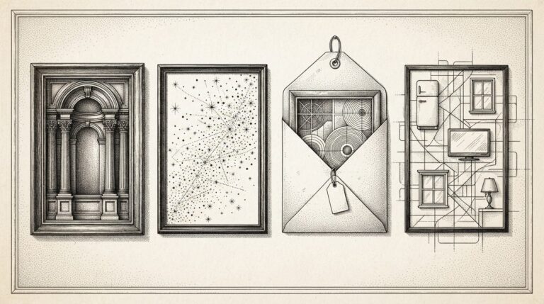 Four distinct wall-mounted rectangular frames arranged side by side on a domestic wall, each containing a different abstract architectural pattern representing competing smart home platform philosophies - monochrome pen-and-ink engraving.