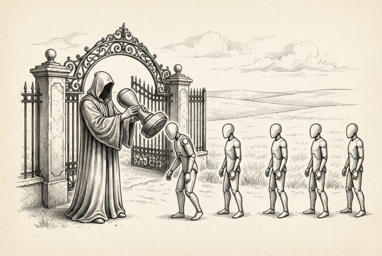 Pen-and-ink engraving of an ornate checkpoint gate where a robed figure applies a seal or stamp to faceless autonomous figures queuing in a procession. The gate marks the threshold where governance meets autonomy.