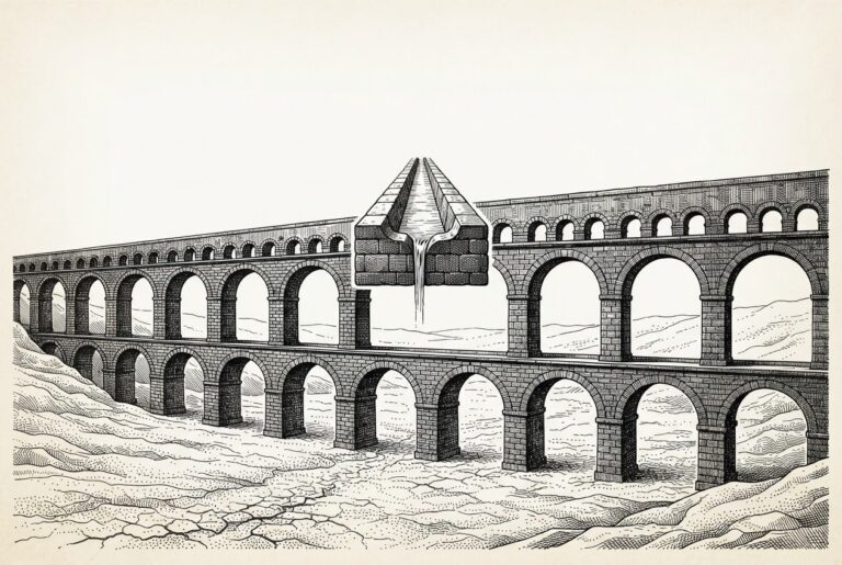 A hand-drawn editorial engraving of a vast stone aqueduct carrying only a thin trickle of water above a dry, cracked valley floor, symbolizing that most of the agentic AI deployment bill flows through invisible infrastructure.