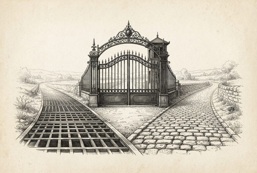 An engraving of two roads of different materials - one iron grating, one cobblestone - converging at a single ornate toll gate that blocks both paths equally.