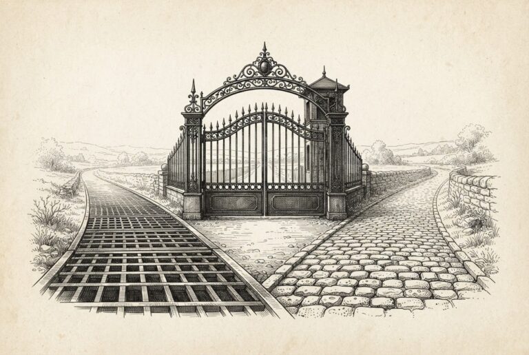 An engraving of two roads of different materials - one iron grating, one cobblestone - converging at a single ornate toll gate that blocks both paths equally.