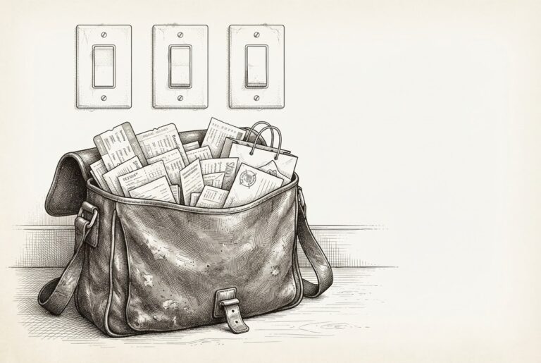 Engraved illustration of a worn leather messenger bag overflowing with completed task slips - boarding passes, receipts, stamped letters - sitting on a kitchen counter. Behind it on the wall, a row of three light switches sits pristine and untouched.