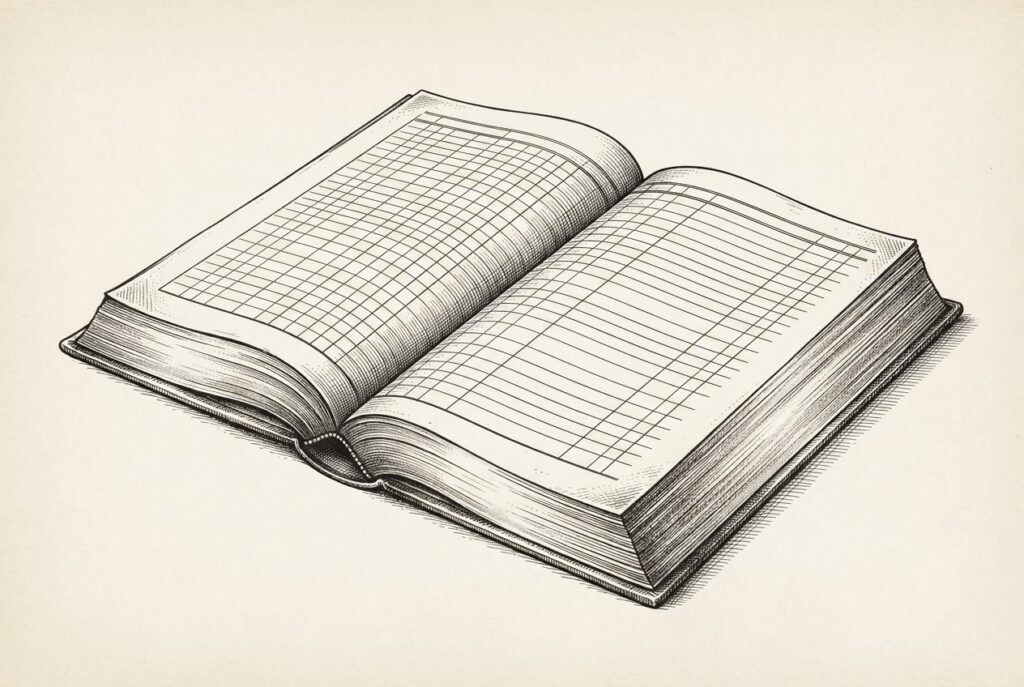 Monochrome engraving of an open ornate antique book with detailed ruled grid lines and columns, where every cell is completely blank and empty, symbolizing the measurement gap in agent data access governance.