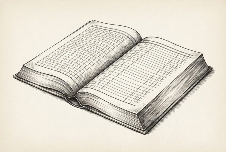 Monochrome engraving of an open ornate antique book with detailed ruled grid lines and columns, where every cell is completely blank and empty, symbolizing the measurement gap in agent data access governance.
