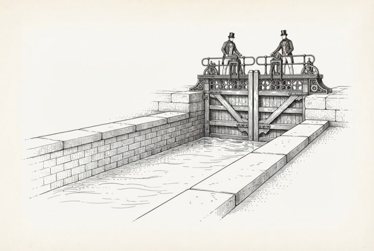 Monochrome engraving of a wide stone river channel flowing freely in the foreground toward a single towering ornate lock gate in the background, with faceless figures operating the gate mechanisms atop the structure.
