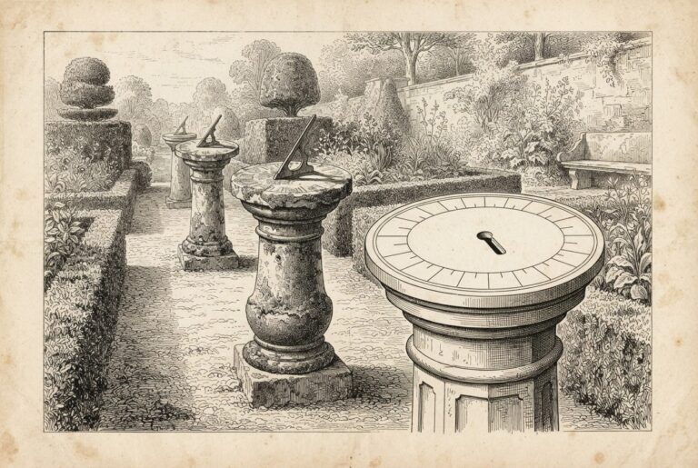 Engraved illustration of three stone garden sundials in a row; the newest in front has an empty mounting slot where its gnomon blade should be and casts no shadow, while the two weathered sundials behind stand complete with shadows across their dials.