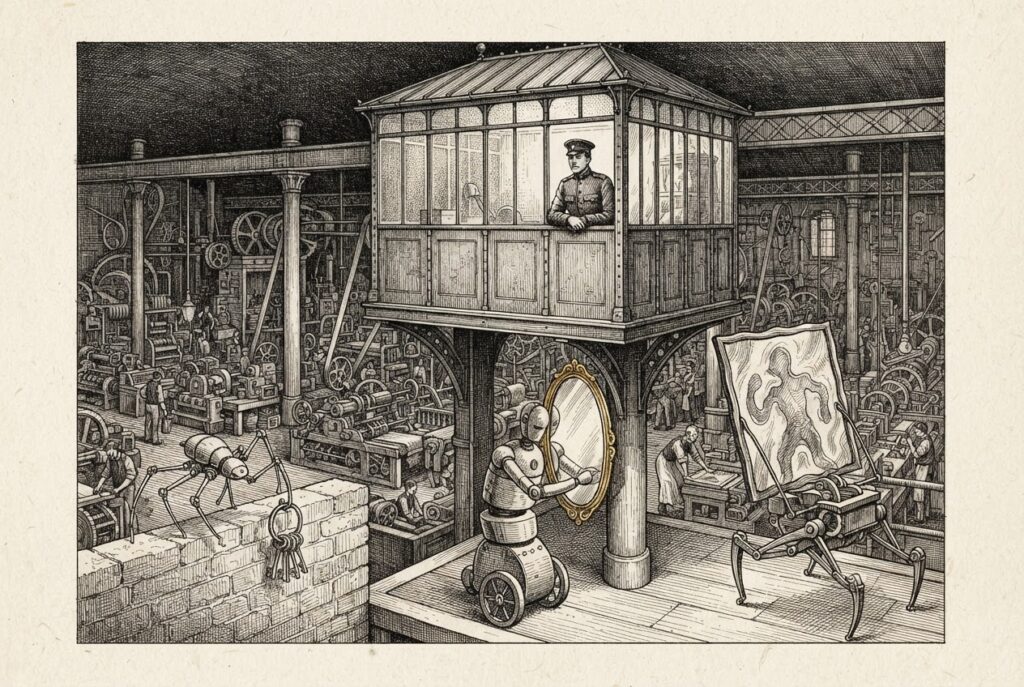 Hand-drawn pen-and-ink engraving of an elevated glass watchman's booth above a factory floor. A human guard leans on the window, calm and unaware, while three non-humanoid mechanical contraptions evade surveillance below.