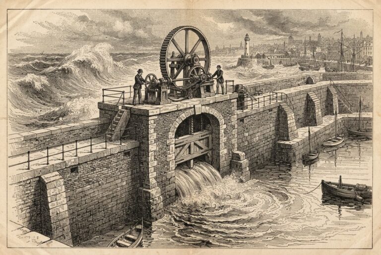 Engraved illustration of a masonry sea gate with a narrow channel controlled by gears and a flywheel, metered against a larger background tide.