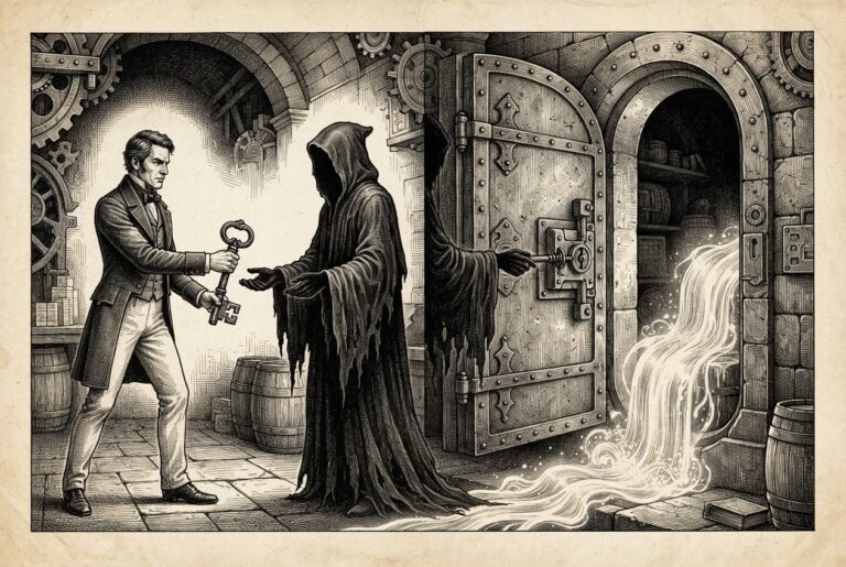 Conceptual pen-and-ink illustration of a human figure handing a heavy iron key to a faceless shadow-figure who is simultaneously unlocking a vault.