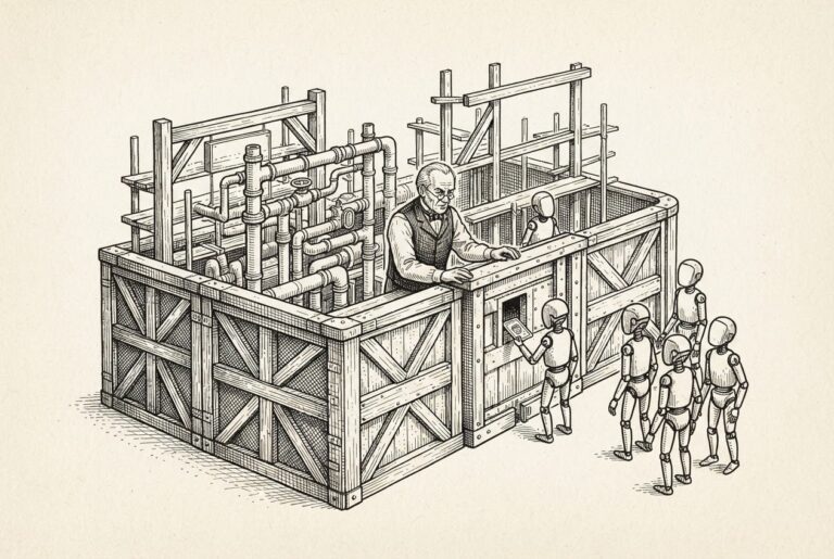 Monochrome pen-and-ink engraving of a merchant behind layered defensive walls — some complete, some still under construction with scaffolding — while faceless agent figures have already passed through gaps and stand inside the merchant's space. One agent presents credentials at the counter opening. The merchant reaches out cautiously.