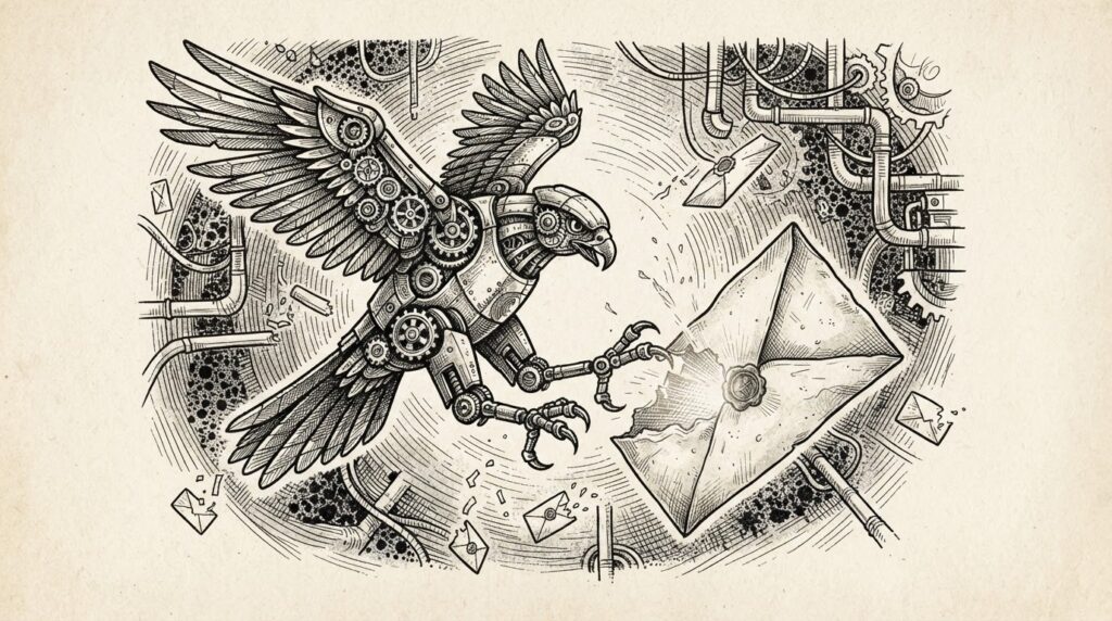 A mechanical hawk intercepting a sealed letter mid-flight — the email server as attack surface, with visible gears and articulated talons reaching for the envelope against an industrial backdrop of pipes and sprockets.