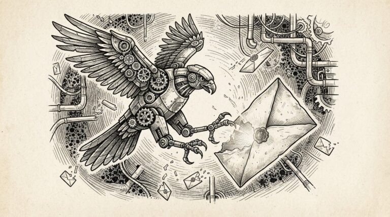 A mechanical hawk intercepting a sealed letter mid-flight — the email server as attack surface, with visible gears and articulated talons reaching for the envelope against an industrial backdrop of pipes and sprockets.