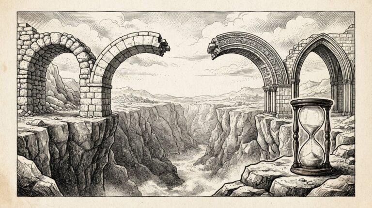 Four unfinished stone arches rising from opposite sides of a wide chasm, each built in a different masonry style and stopping short of meeting, with a large hourglass at the chasm edge whose sand is nearly gone.
