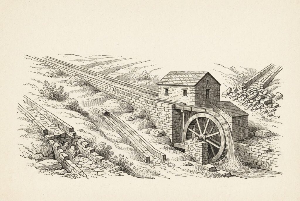 Pen-and-ink engraving of a stone watermill on a hillside fed by four channels, with flowing water in only one channel reaching the wheel while the others lie dry and broken.