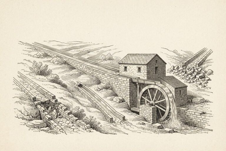 Pen-and-ink engraving of a stone watermill on a hillside fed by four channels, with flowing water in only one channel reaching the wheel while the others lie dry and broken.