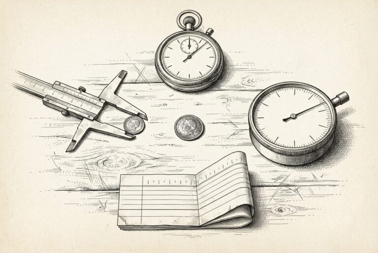 Four antique measuring instruments - a stopwatch, a gauge, a ledger strip, and calipers - arranged around a single coin, each calibrated to a different scale, unable to measure it the same way