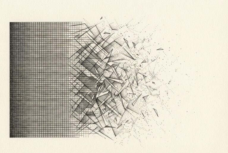 Abstract monochrome pen-and-ink engraving of dense geometric grid lines dissolving into scattered dots and open negative space — structural patterns breaking apart