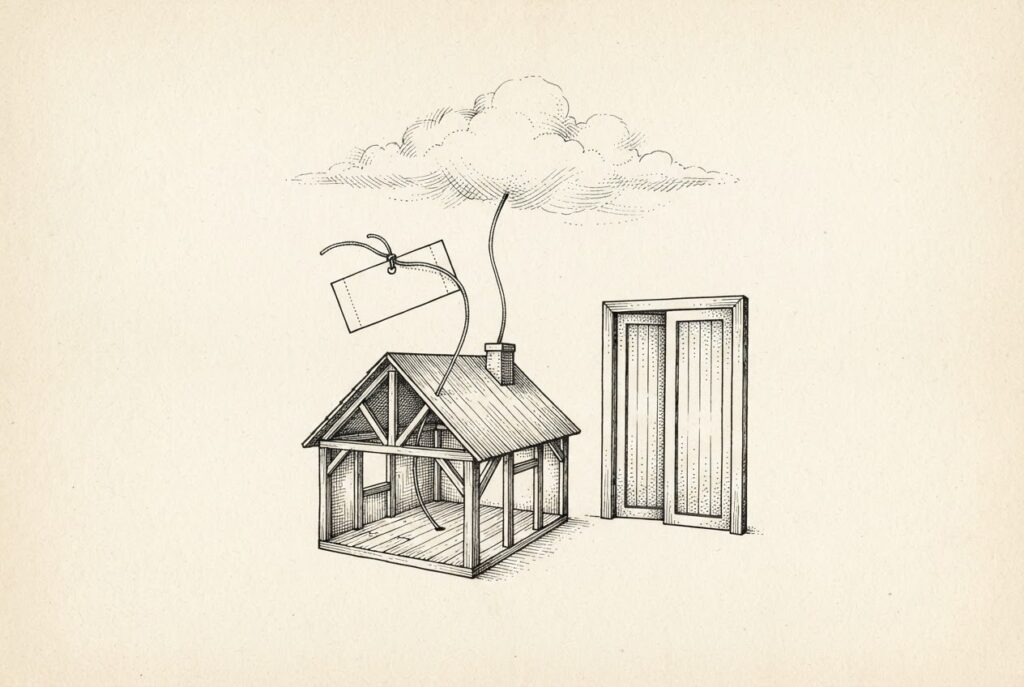 A hand-drawn ink engraving of a small paper claim ticket tied to a string that threads through the cutaway of a house and rises out the chimney into a cloud outline, beside a pair of exit doors drawn without handles: free hardware with an unpriced exit.