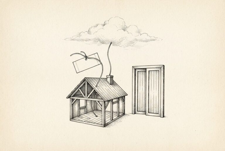 A hand-drawn ink engraving of a small paper claim ticket tied to a string that threads through the cutaway of a house and rises out the chimney into a cloud outline, beside a pair of exit doors drawn without handles: free hardware with an unpriced exit.