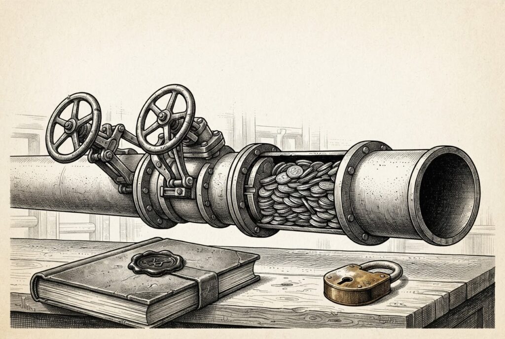 Pen-and-ink engraving of a pipeline whose flow is jammed shut by a stack of coin-like discs packed against a closed gate valve, with a wax-sealed ledger and a brass padlock resting on the workbench below.