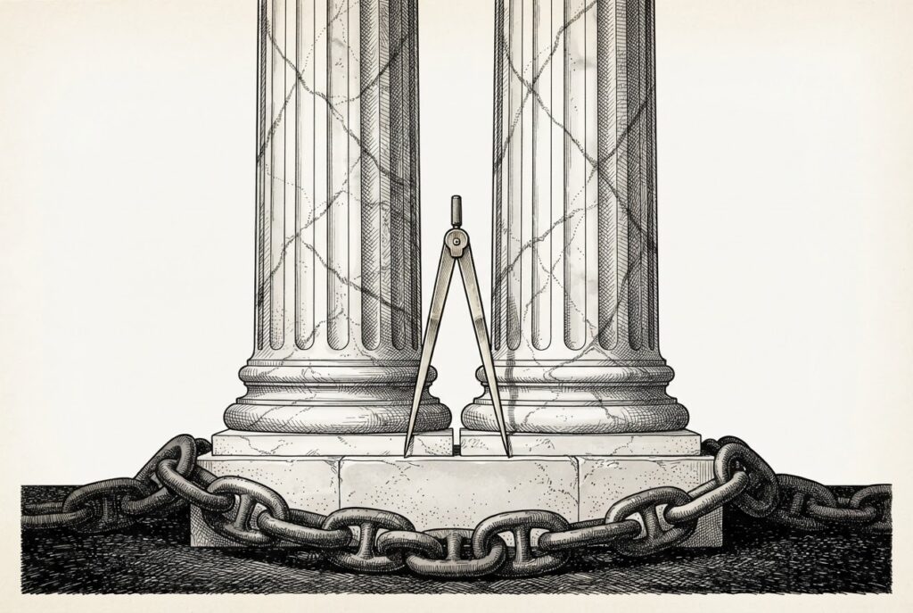 Pen-and-ink engraving: plain brass dividers measure a hairline gap between two nearly identical marble columns on a stone plinth, while a heavy iron anchor chain wraps the base.