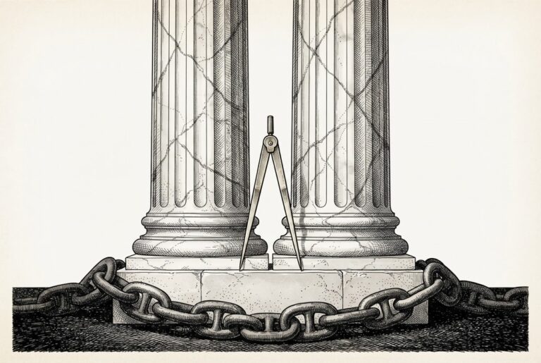Pen-and-ink engraving: plain brass dividers measure a hairline gap between two nearly identical marble columns on a stone plinth, while a heavy iron anchor chain wraps the base.