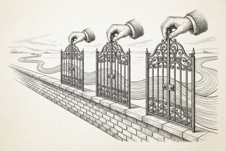 Engraved illustration of three ornate wrought-iron gates set in a long brick wall, each held in place by a disembodied hand above, with flowing ribbon-like lines passing through the gates