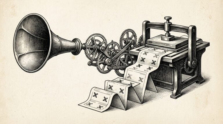 An ear trumpet mechanically connected by gears and linkage arms to a printing press that stamps identical marks onto a cascade of connected paper forms - depicting how "active listening" claims propagate liability through the distribution chain.