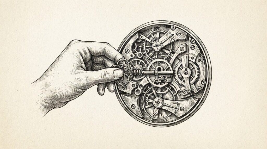 Engraved illustration of a human hand inserting an ornate key into a complex clockwork mechanism, with gears and springs representing autonomous AI systems, the key representing regulatory oversight being applied to autonomy.