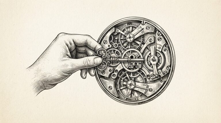 Engraved illustration of a human hand inserting an ornate key into a complex clockwork mechanism, with gears and springs representing autonomous AI systems, the key representing regulatory oversight being applied to autonomy.