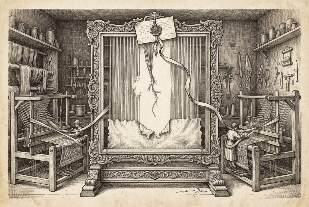 Engraving of a large empty frame with a broken thread at its center, flanked by two small looms weaving patterned cloth, with a wax-sealed document whose ribbon trails down and binds the looms' threads