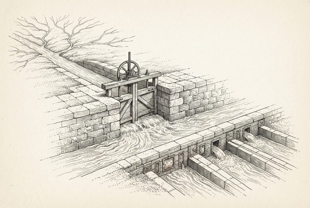 Pen-and-ink engraving of a stone canal lock where many feeder streams converge into one channel, a single valve wheel governing the gate, and downstream only two of five identical outlet gates open while the rest stay sealed and dry.