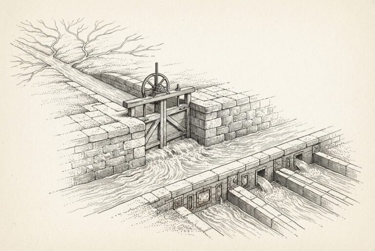 Pen-and-ink engraving of a stone canal lock where many feeder streams converge into one channel, a single valve wheel governing the gate, and downstream only two of five identical outlet gates open while the rest stay sealed and dry.