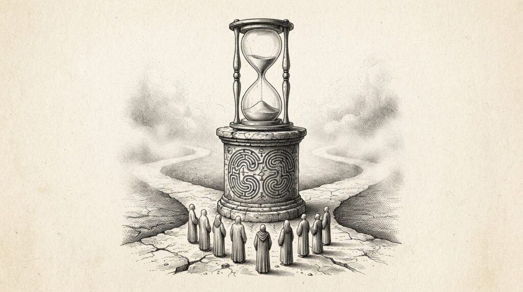 An hourglass nearly empty of sand balanced on a carved pedestal at a crossroads, with hooded figures facing the hourglass as paths diverge into mist - the deadline for international stablecoin rules approaching.