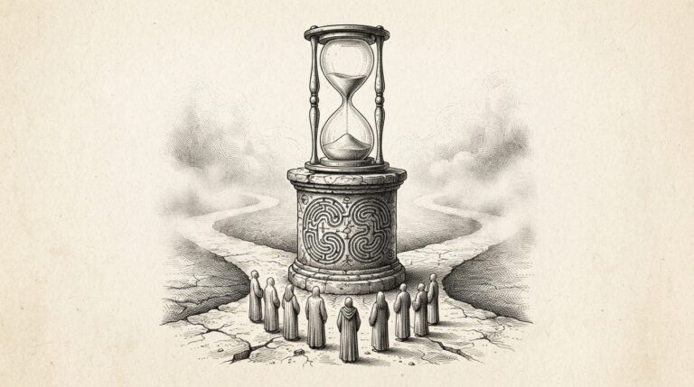 An hourglass nearly empty of sand balanced on a carved pedestal at a crossroads, with hooded figures facing the hourglass as paths diverge into mist - the deadline for international stablecoin rules approaching.