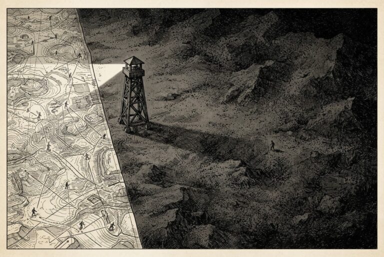 Pen-and-ink engraving of a vast terrain divided between a narrow strip of mapped, surveyed land and a vast dark uncharted territory, with a watchtower at the boundary whose beam reaches only into the mapped zone - 79% deploying, 2% securing