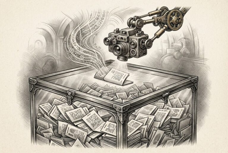 A ballot box with its contents visible through glass while an automated mechanical arm with a camera lens examines each ballot - representing AI agent de-anonymization of voter data