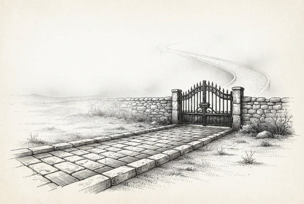 Engraved illustration of a solid stone roadway ending decisively at a heavy closed iron gate, with a faint mist-like phantom continuation of the road beyond the gate fading into fog and leading nowhere.