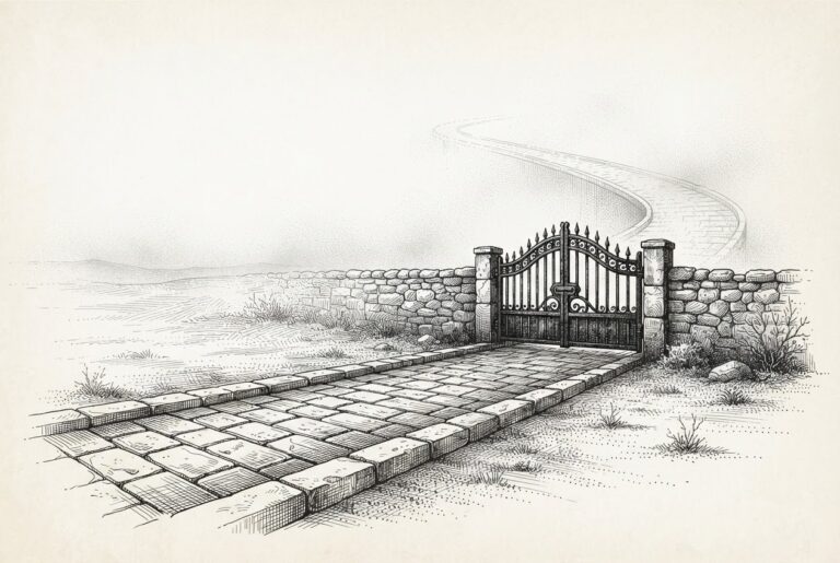 Engraved illustration of a solid stone roadway ending decisively at a heavy closed iron gate, with a faint mist-like phantom continuation of the road beyond the gate fading into fog and leading nowhere.
