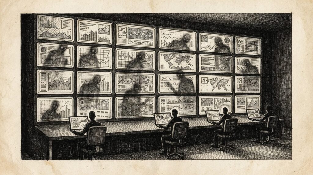 Ghostly translucent figures visible in the reflections of multiple security monitoring dashboard screens - the watchers being watched through their own integrations