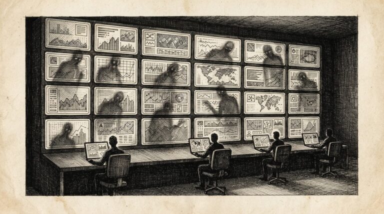 Ghostly translucent figures visible in the reflections of multiple security monitoring dashboard screens - the watchers being watched through their own integrations