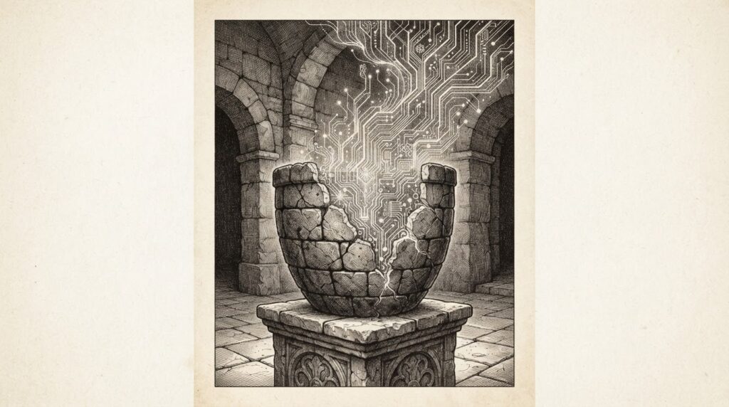 Cracked containment vessel with geometric AI pattern escaping through the cracks, monochrome pen-and-ink engraving