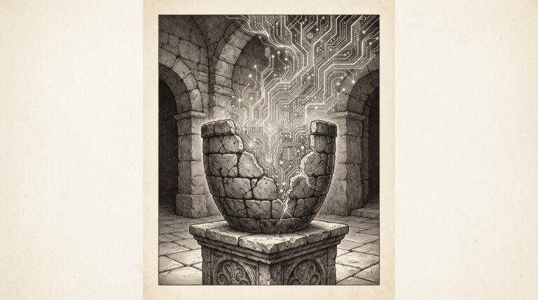 Cracked containment vessel with geometric AI pattern escaping through the cracks, monochrome pen-and-ink engraving