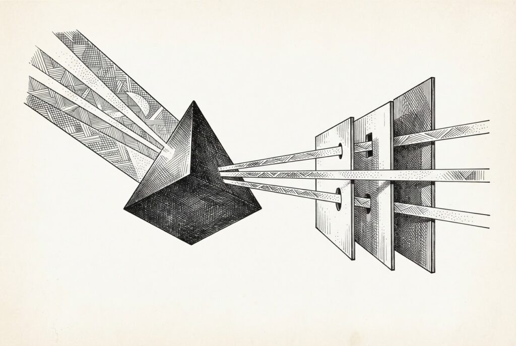 A hand-drawn engraving of patterned routes converging on a faceted central node, then continuing through three separate cross-hatched apertures.