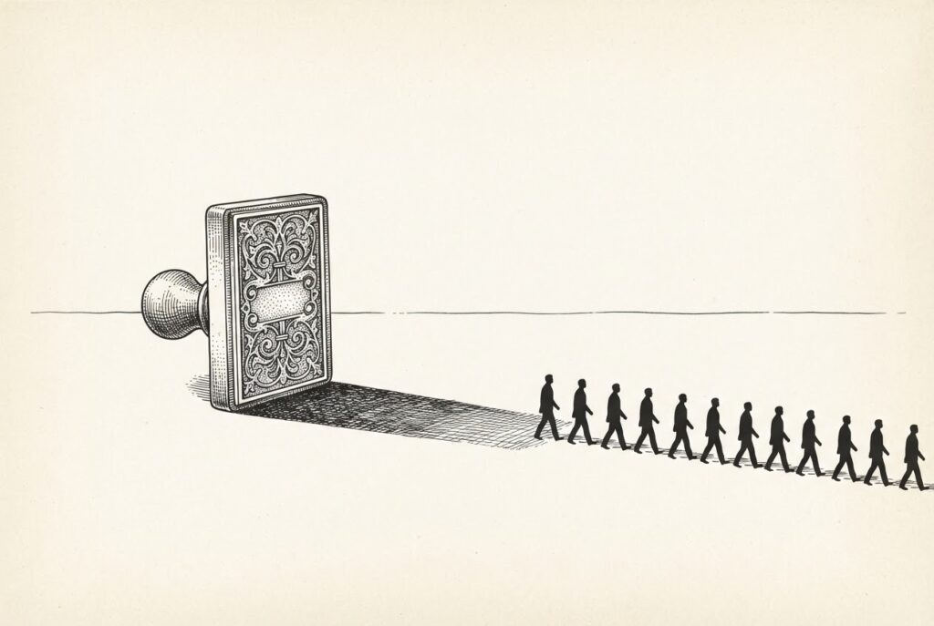 An engraved signet stamp on paper casting a long shadow that becomes a procession of identical faceless figures: one retained authority producing unlimited accepted identities.