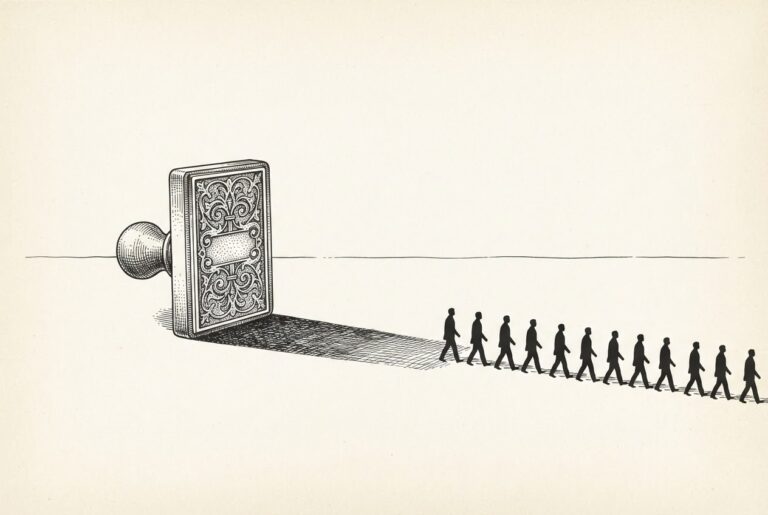 An engraved signet stamp on paper casting a long shadow that becomes a procession of identical faceless figures: one retained authority producing unlimited accepted identities.